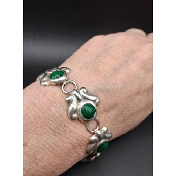 Malachite Link Bracelet, Southwestern, Signed, Mexican, Vintage, Sterling Silver - Picture 3 of 12